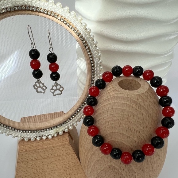 RED & Black Beaded Dangle Earrings with Paw Charms - Picture 8 of 13